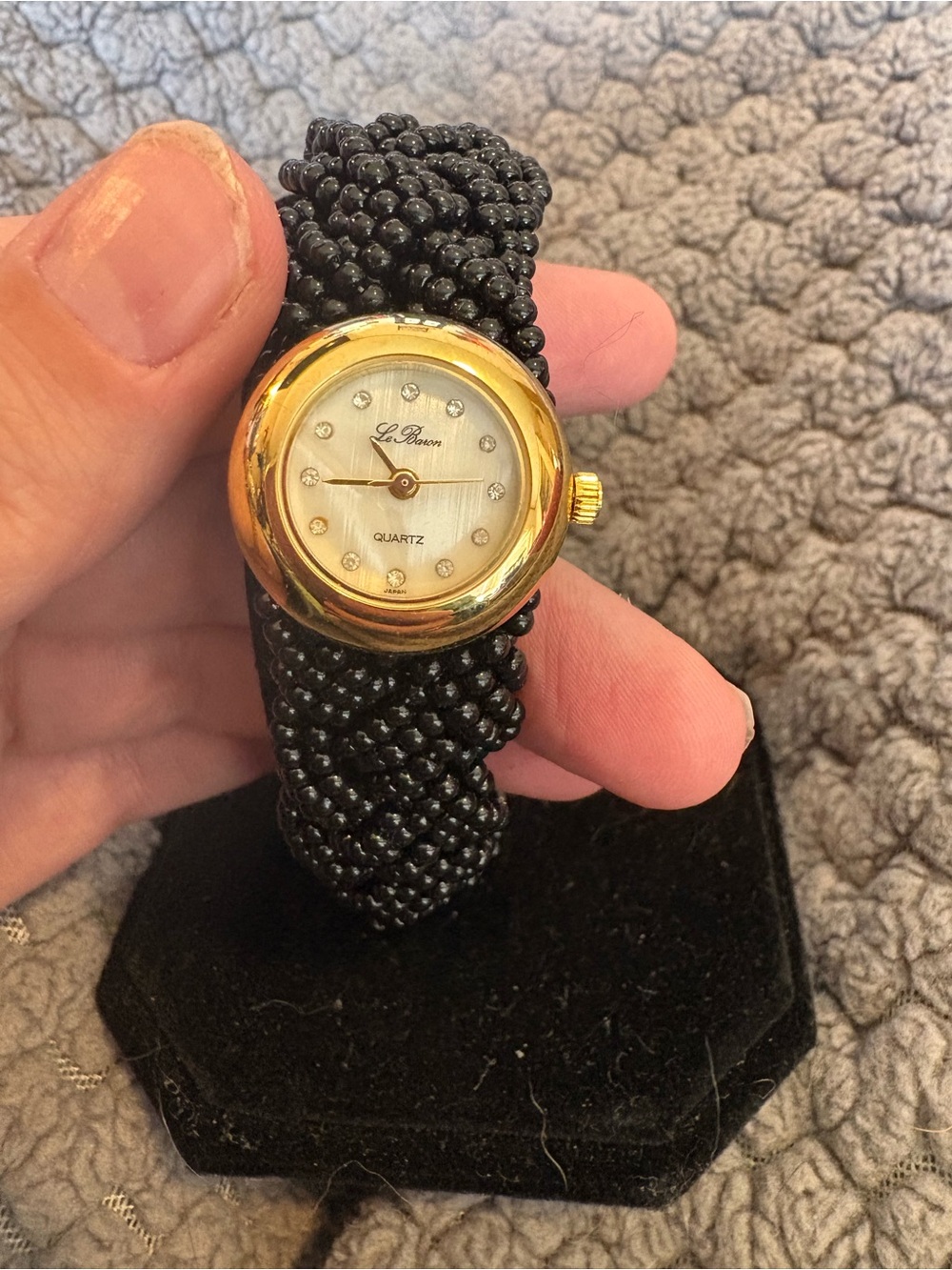 Black Beaded Bracelet Watch with Gold-Tone Case